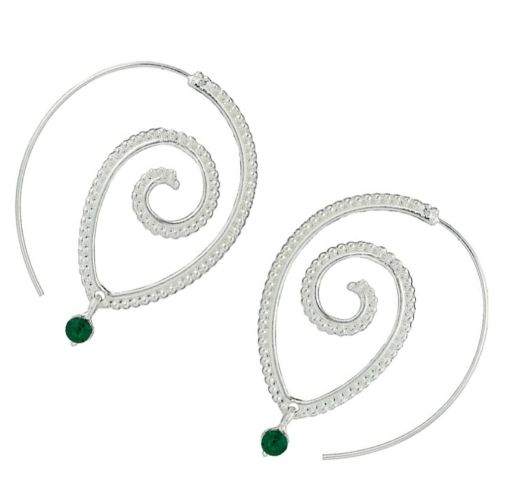 Boho Spiral Hoop Earrings Emerald Green Faceted Accent Statement Hoops Big Swirl 49$